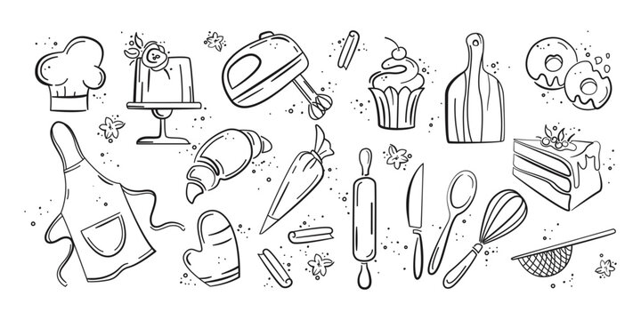 Cooking, confectioner, baking and pastry. Hand drawn set of baking and cooking elements for menu, recipes, cafe, pastry shop, bakery