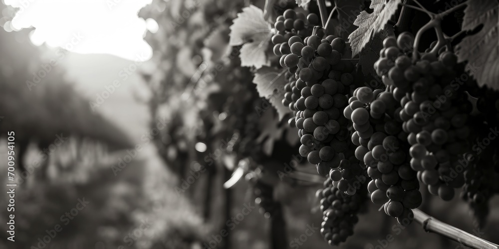 Poster a bunch of grapes hanging from a vine. ideal for wine enthusiasts and vineyard-related projects