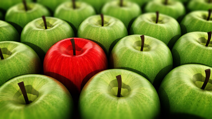 Red apple standing out from green apples. 3D illustration