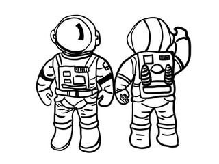 Hand drawn drawing of two astronauts standing, black line 2 man cartoon