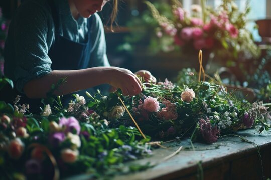 A woman is arranging flowers on a table. This image can be used for home decor, floral arrangements, or gardening themes