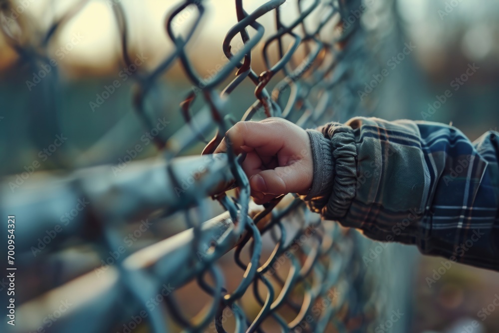 Poster a person holding a chain link fence with their hand. can be used to represent concepts such as stren