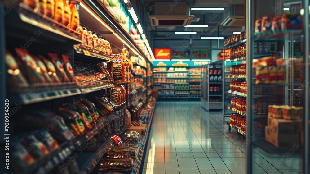 Poster a wide variety of food products are displayed on the shelves of a grocery store aisle. this image ca