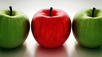Red apple standing out from green apples. 3D illustration