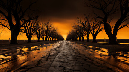 long road lined with leafless trees under an orange sky, reflecting on wet ground that appears cracked and parched