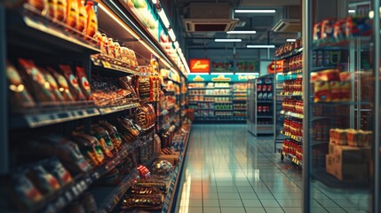 A wide variety of food products are displayed on the shelves of a grocery store aisle. This image can be used to showcase the abundance and diversity of food options available at a supermarket - obrazy, fototapety, plakaty