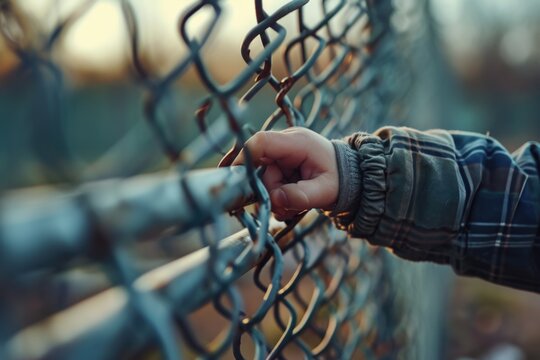 A person holding a chain link fence with their hand. Can be used to represent concepts such as strength, security, boundaries, or confinement
