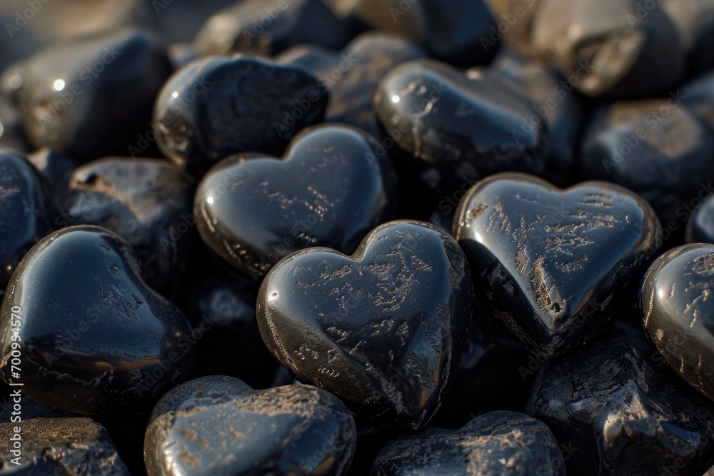 Poster a close up view of a bunch of black rocks. this image can be used to depict nature, geology, or as a