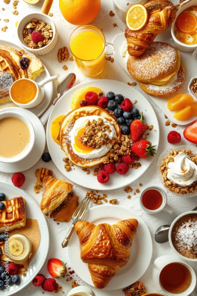 Poster a table adorned with plates of delicious food and cups of steaming coffee. perfect for restaurant me