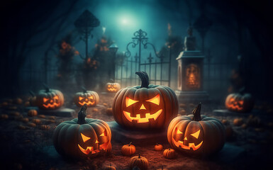 a spooky Halloween scene unfolds as a legion of pumpkins and zombies gather for an eerie graveyard party.
