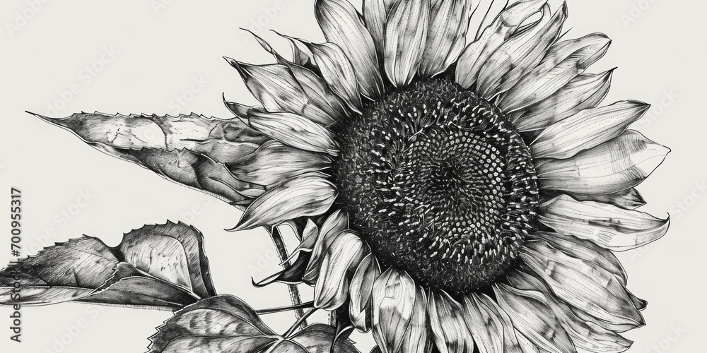 Poster A black and white drawing of a sunflower. Perfect for adding a touch of nature to any design project