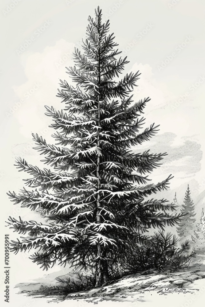 Poster a black and white drawing of a pine tree. can be used for various purposes