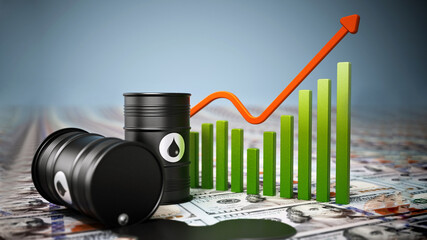 Oil barrels on dollar background. Rising oil prices concept. 3D illustration