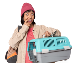 Young Hispanic woman ready for travel with pet carrier excited keeping ok gesture on eye.