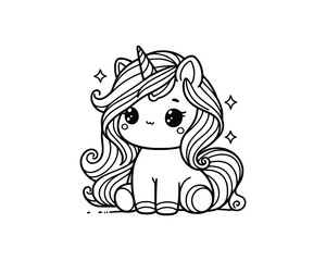 Cute Cartoon Character of unicorn for coloring book. outline line art. Printable Design. isolated white background