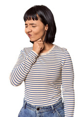 Young Hispanic woman with short black hair in studio suffers pain in throat due a virus or infection.