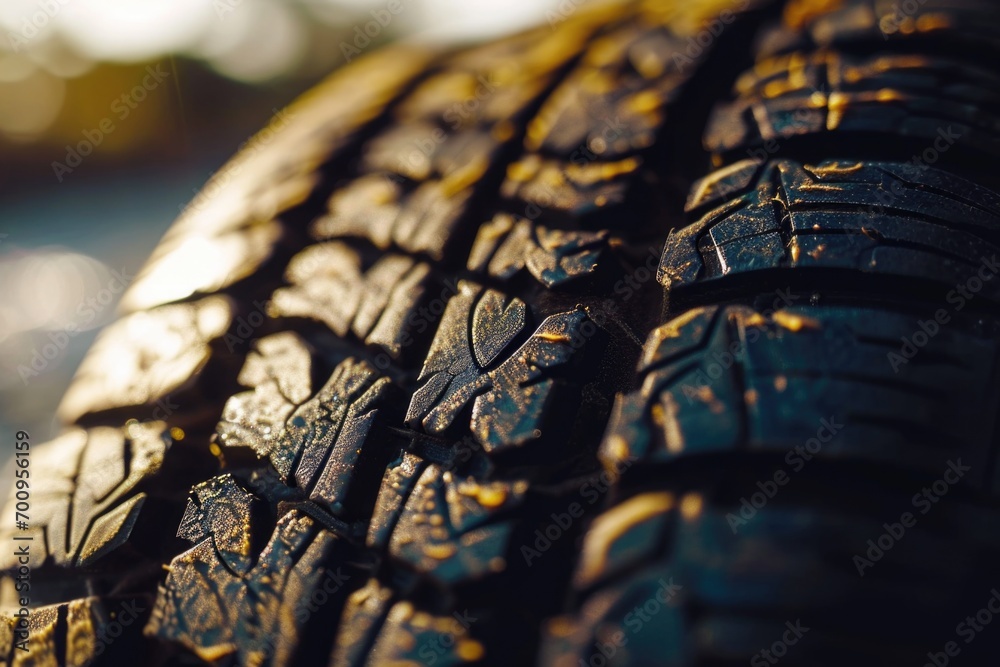Poster a detailed close up of a tire with a blurry background. suitable for automotive and transportation-r