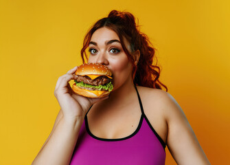 Very fat girl bites a hamburger on yellow background