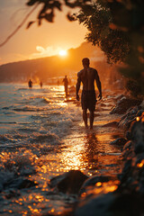 Fototapeta premium Seaside Stride: Young, Muscular Man's Attractive Stroll Along the Shore