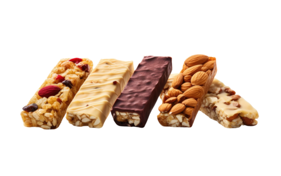 A Solo Exhibit of Nutrient-Rich Snack Bars in Gigapixel Standard Scale on a White or Clear Surface PNG Transparent Background.