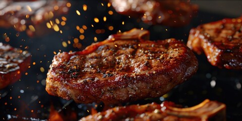 Close up shot of meat being cooked on a grill. Perfect for barbecues and outdoor cooking