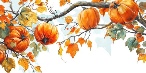 A painting depicting a bunch of orange pumpkins hanging from a tree. This image can be used for autumn-themed designs or Halloween-related projects - Powered by Adobe