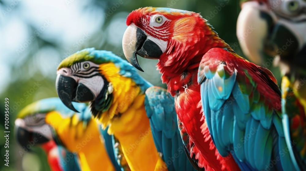 Poster Colorful parrots sitting on top of each other. Perfect for adding a vibrant touch to any project or design