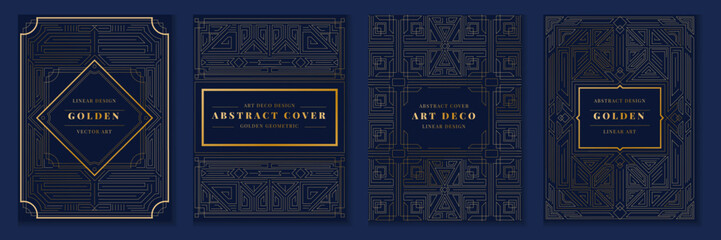Art deco design. Golden geometric cards. Great Gatsby pattern. 1920 luxury modern background. Royal lines motif. Abstract classic outline frames. Garish texture premium decor. Vector blue posters set
