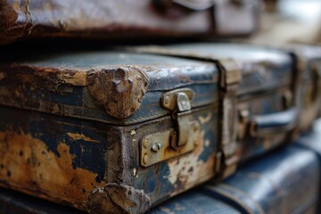 A stack of old suitcases sitting on top of each other. Versatile image for travel, vintage, or adventure themes