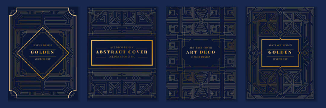 Art deco design. Golden geometric cards. Great Gatsby pattern. 1920 luxury modern background. Royal lines motif. Abstract classic outline frames. Garish texture premium decor. Vector blue posters set