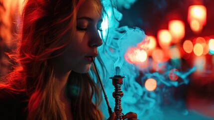 Woman smoking hookah on a busy city street. Perfect for lifestyle or urban themed projects - obrazy, fototapety, plakaty