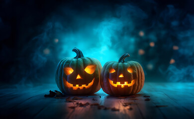 Halloween pumpkins on dark spooky forest with blue fog in background. 