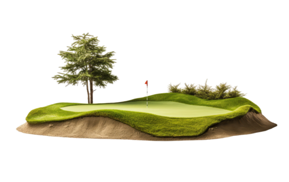 A Detailed Glimpse into the Serenity of an Outdoor Putting Green with Sand Trap on a Standard Scale on White or PNG Transparent Background.
