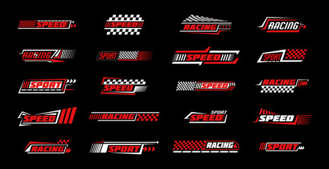 Race car flag. Formula speed sport icon. Stripe decal pattern for auto rally. Bike racing check badge. Transport motor. Red ribbon border. Checkered automobile decoration. Vector design tidy signs set - obrazy, fototapety, plakaty