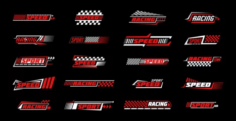 Tuinposter Race car flag. Formula speed sport icon. Stripe decal pattern for auto rally. Bike racing check badge. Transport motor. Red ribbon border. Checkered automobile decoration. Vector design tidy signs set © Natalia