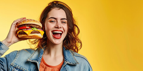 Happy loya girl bites a hamburger and laughs on yellow background street food concept