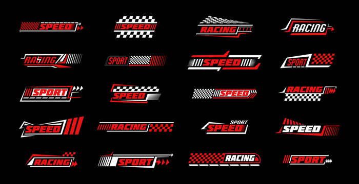 Race car flag. Formula speed sport icon. Stripe decal pattern for auto rally. Bike racing check badge. Transport motor. Red ribbon border. Checkered automobile decoration. Vector design tidy signs set