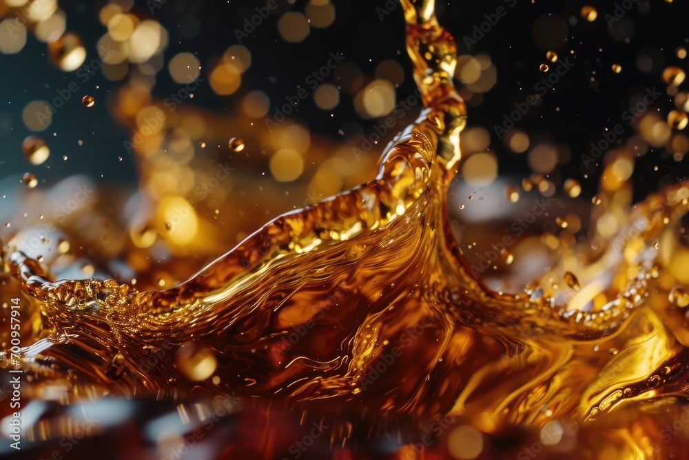 Poster A close-up view of a splash of liquid on a surface. This image captures the dynamic and vibrant movement of the liquid, creating a visually striking composition.