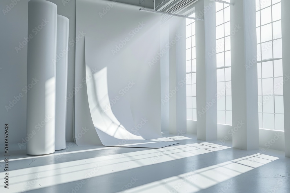 Aufkleber A clean and bright white room with a large window, providing ample natural light. Ideal for showcasing minimalistic design or as a backdrop for various concepts
