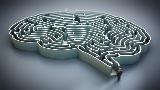 Businessman standing at the entrance of brain shaped maze 3D illustration