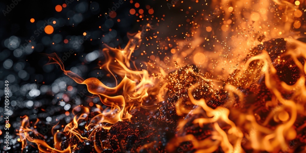 Poster a close-up view of a fire on a black background. this image can be used to depict warmth, energy, da