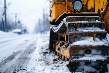 A snow plow parked on a snowy road. Suitable for winter weather and transportation themes - obrazy, fototapety, plakaty