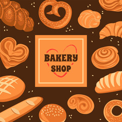 Bakery shop. Bakers store label. Fresh bread selling. Wheat baguette loaf and bun. Sweet pie. Pretzel and croissant. Tasty bagel. Cooking products. Dough snacks buying. Bakehouse banner vector design
