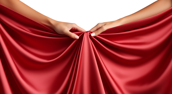 Men holding red silk cloth cover on a transparent png background