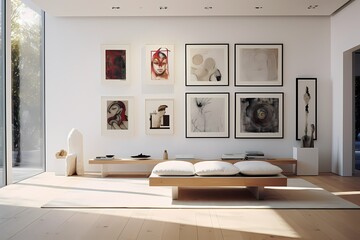 A minimalist gallery wall with a curated collection of artwork, track lighting, and clean white walls, allowing the art to take center stage.