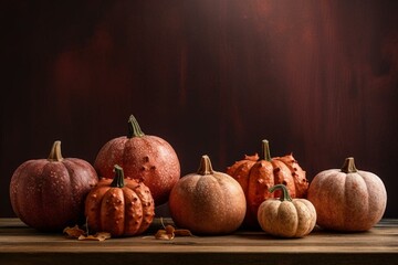 Autumnal pumpkins on burgundy blocks with copy-space. Generative AI