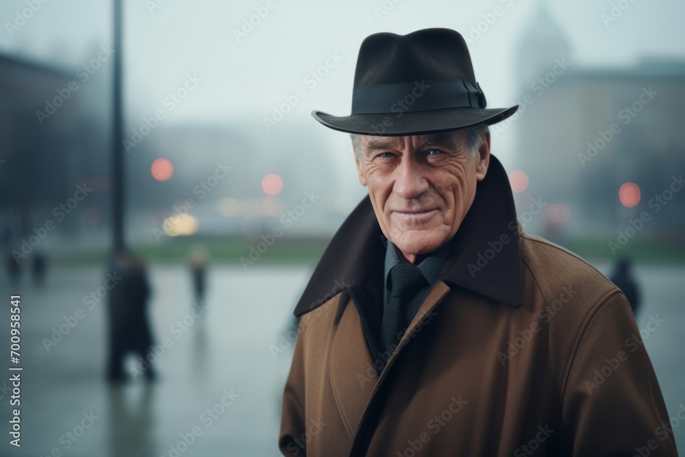 Wall mural Portrait of an old man in a coat and hat in the city