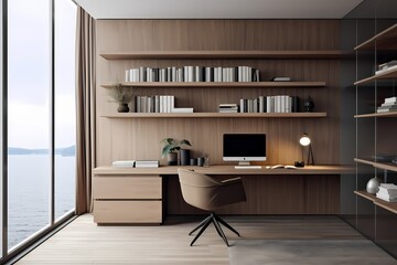 A minimalist home office with a streamlined desk, ergonomic chair, and built-in shelves for organization, creating a clutter-free workspace.