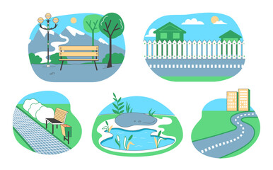City landscape. Park road with bench and lantern. Home fence. Garden water pond. Highway to urban residential buildings. Mountain scenery. Summer nature. Suburb street. Vector cityscape scenes set
