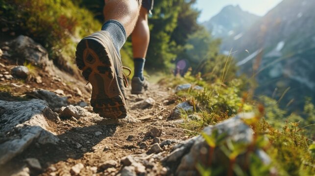 A close-up image of a person walking on a trail. This picture can be used to depict outdoor activities and exploration